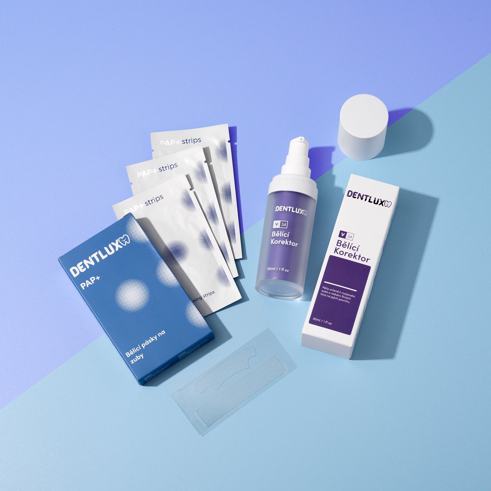 Dentlux PAP+ Bieliace pásky na zuby + V34 Bieliaci Korektor