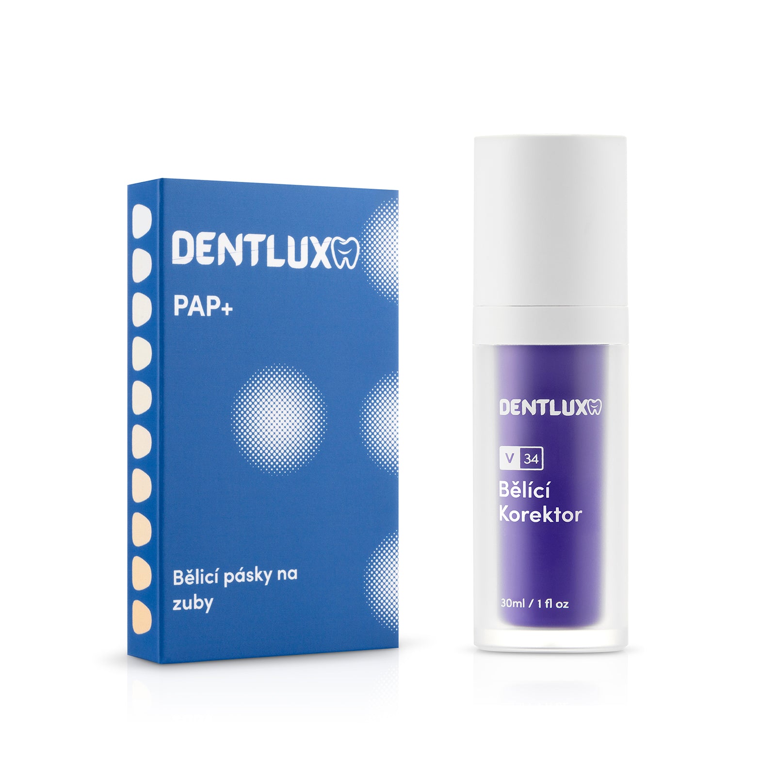 Dentlux PAP+ Bieliace pásky na zuby + V34 Bieliaci Korektor