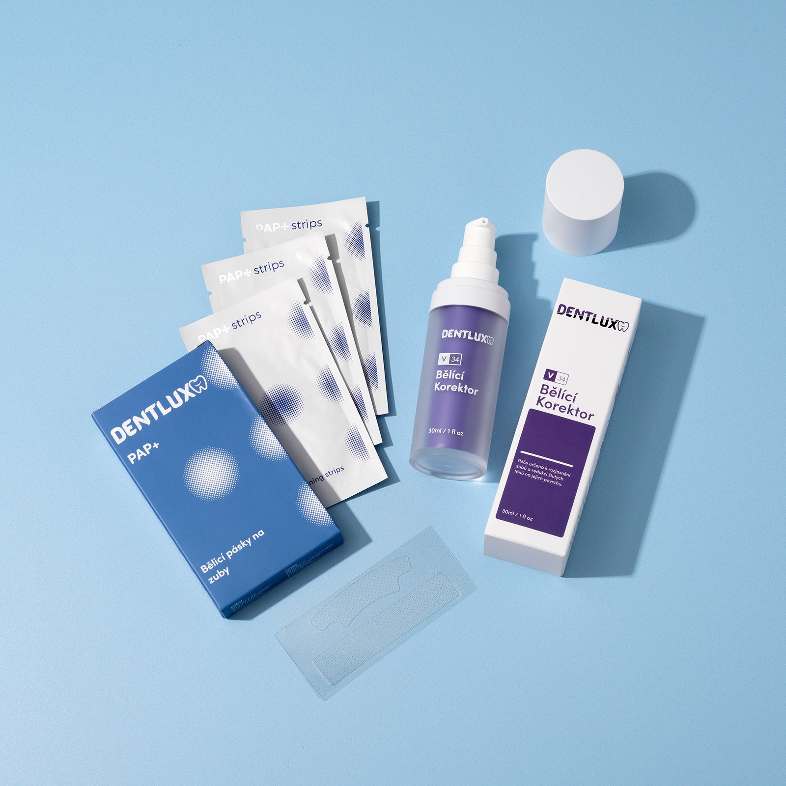 Dentlux PAP+ Bieliace pásky na zuby + V34 Bieliaci Korektor